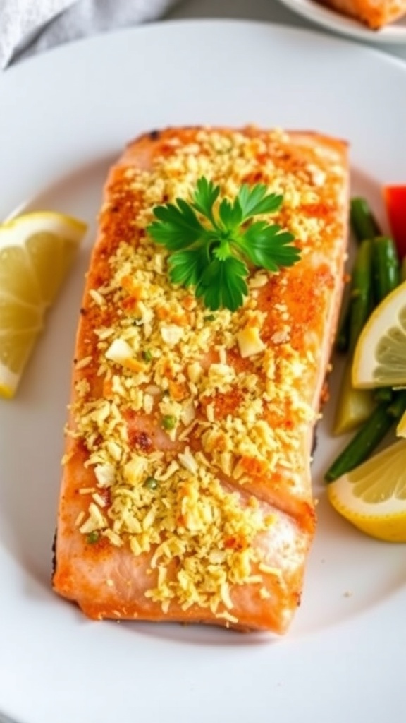 Parmesan-crusted salmon fillet on a white plate with vegetables and lemon wedges.